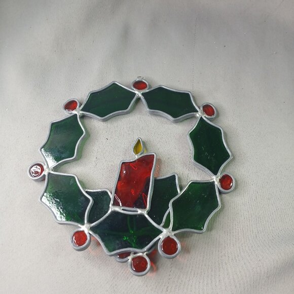 Holly Berries Candle Wreath Suncather Stained Glass Ornament 7 1/2" - Picture 5 of 7